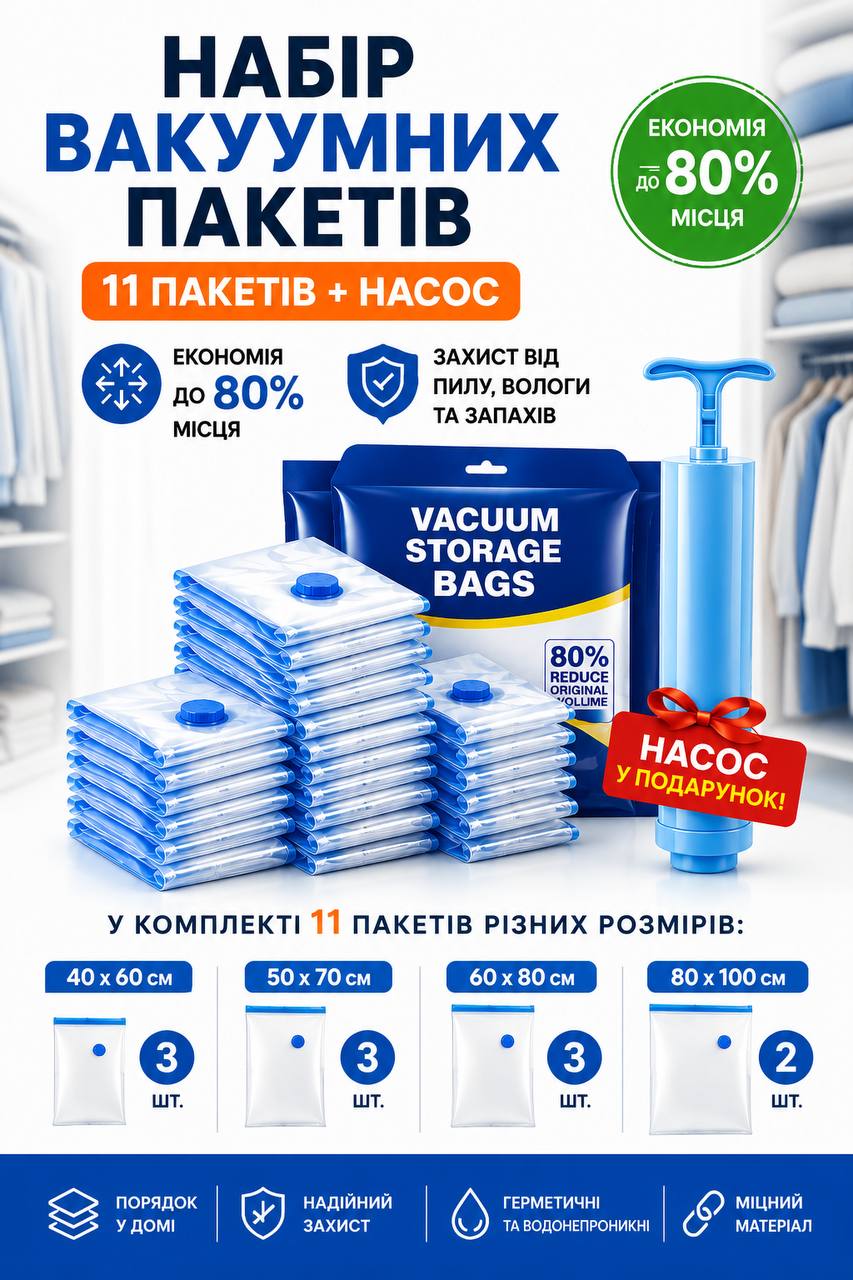 Набір вакуумних пакетів для одягу з ручним насосом